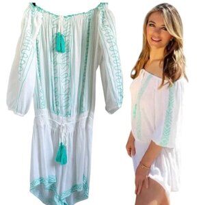 NWOT Venus White Off Shoulder Teal Embroidered Swim Cover Up Short Romper S